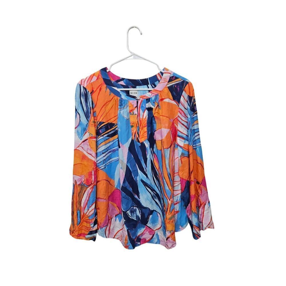 NIC+ZOE Tropical Mirage Top Allover Print Roll Tab Sleeve 100% EcoVero 1X Plus